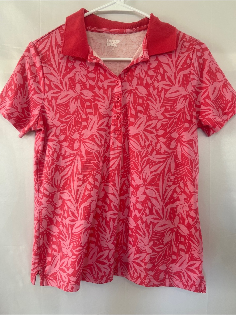 Women's Lands' End Coral and Light Pink Floral Button-Front Polo, Size S